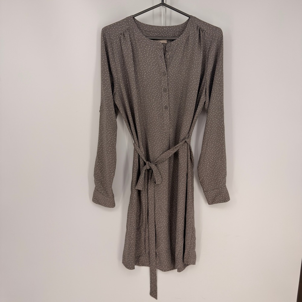 Loft Outlet Dress Women Medium Brown Polka Dot Tie Waist Shirt Dress Office Chic